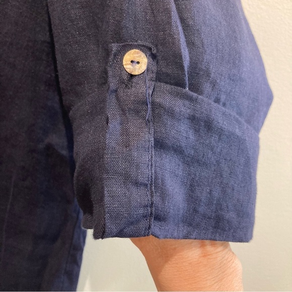 ROSEMARINE Sz M 100% Linen Ruffle Open Collar Tab Sleeve Made In Italy Blouse - Picture 5 of 8